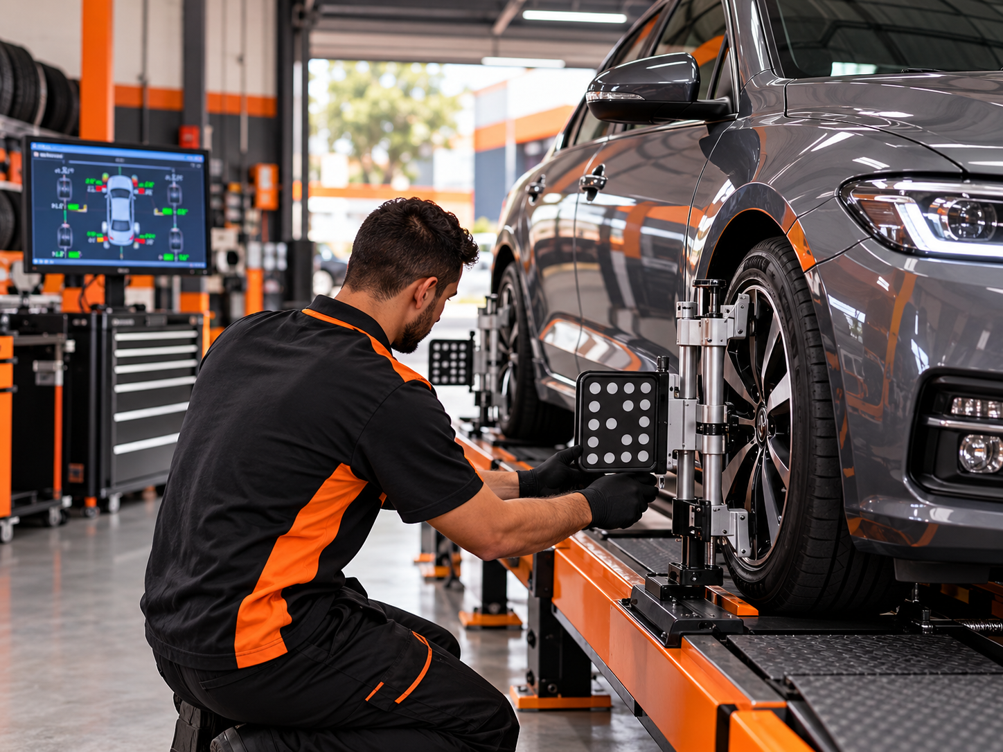 Serviço de alinhamento automotivo realizado em oficina moderna