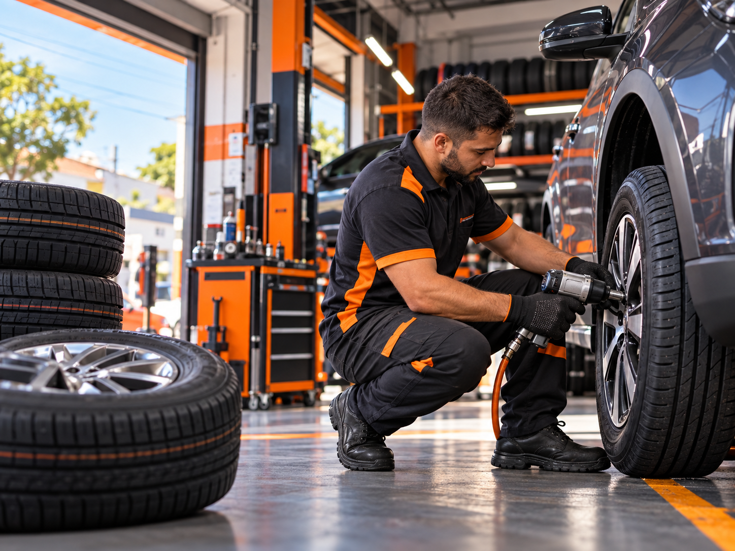 Mecânico realizando serviço de pneus em oficina automotiva