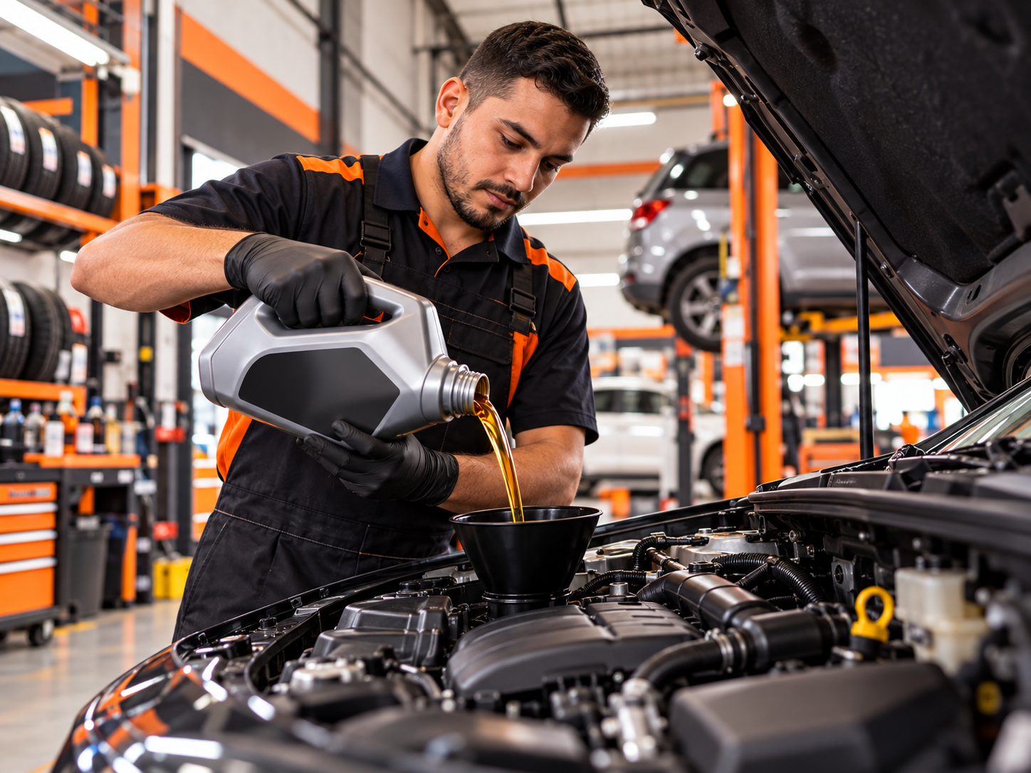 Mecânico realizando troca de óleo do motor